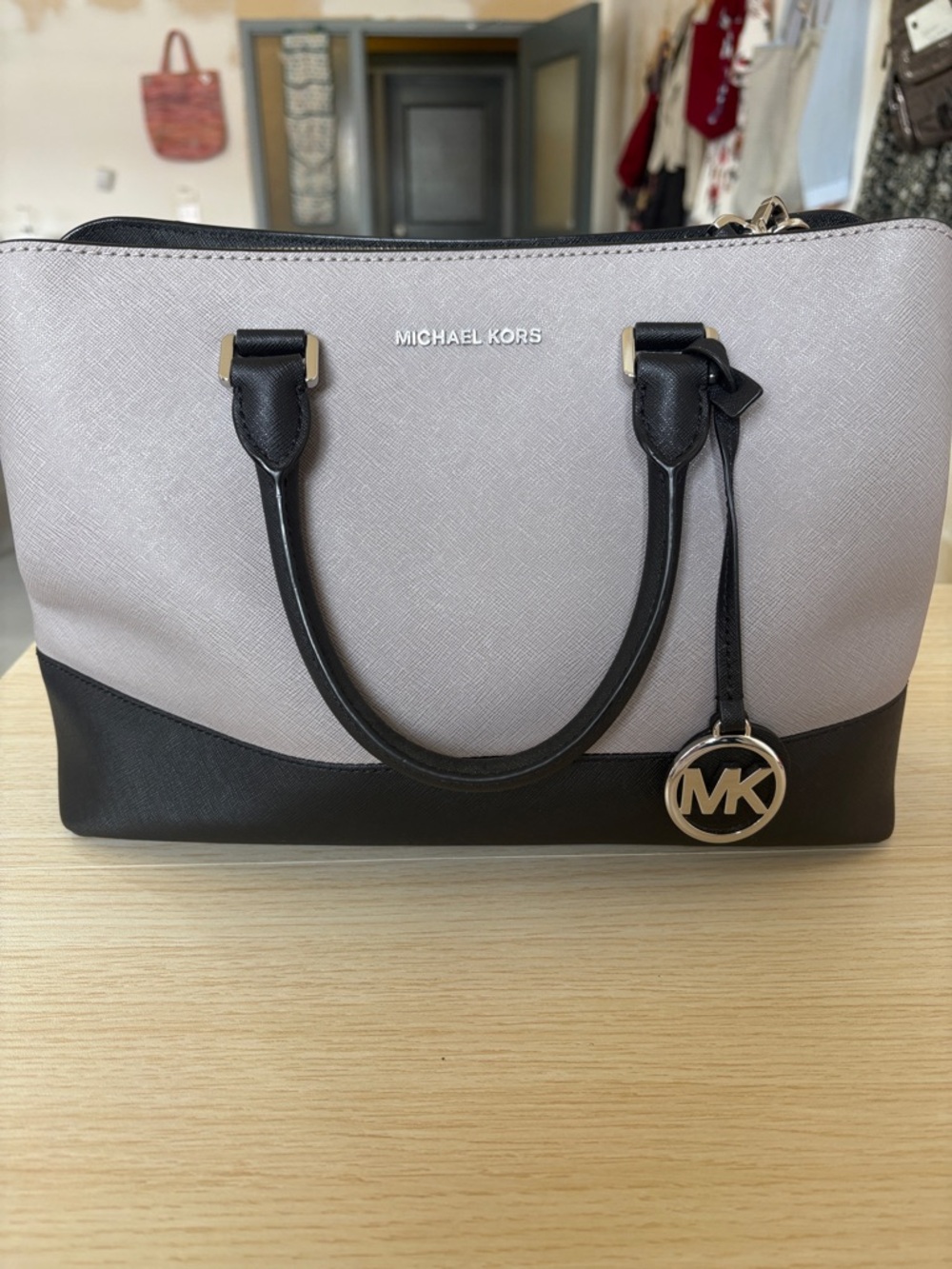 Michael Kors Two-Tone Saffiano Satchel in Light Gray and Black